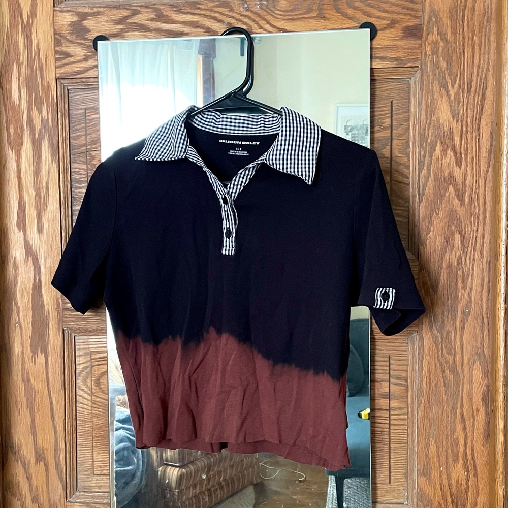 Black cropped polo dip dyed in bleach gingham collar